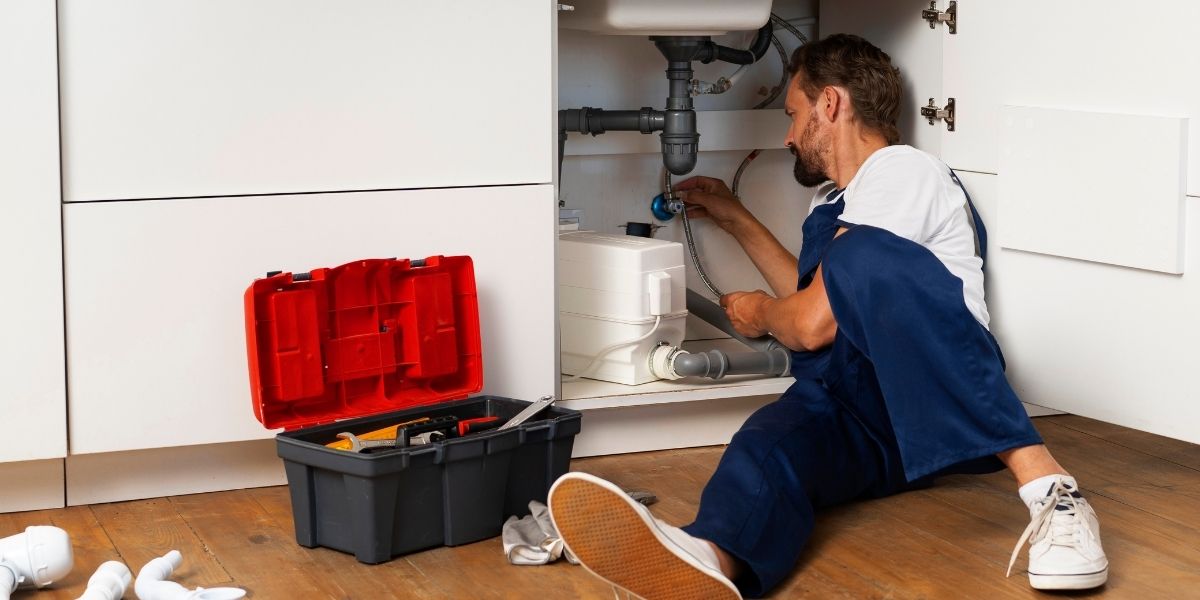 Emergency plumbing repair in Woodbridge VA home with plumber fixing burst pipe under kitchen sink